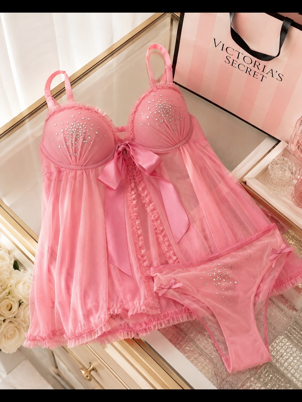 Victoria's Secret Pink Crystal-Embellished Sheer Babydoll Set